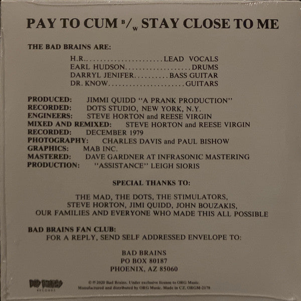 BAD BRAINS "Pay To Cum!" (Green Vinyl)