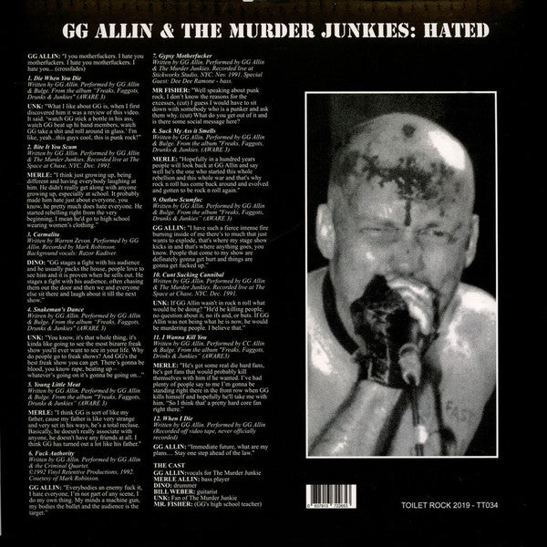 GG ALLIN AND THE MURDER JUNKIES "Hated: The Original Soundtrack" LP