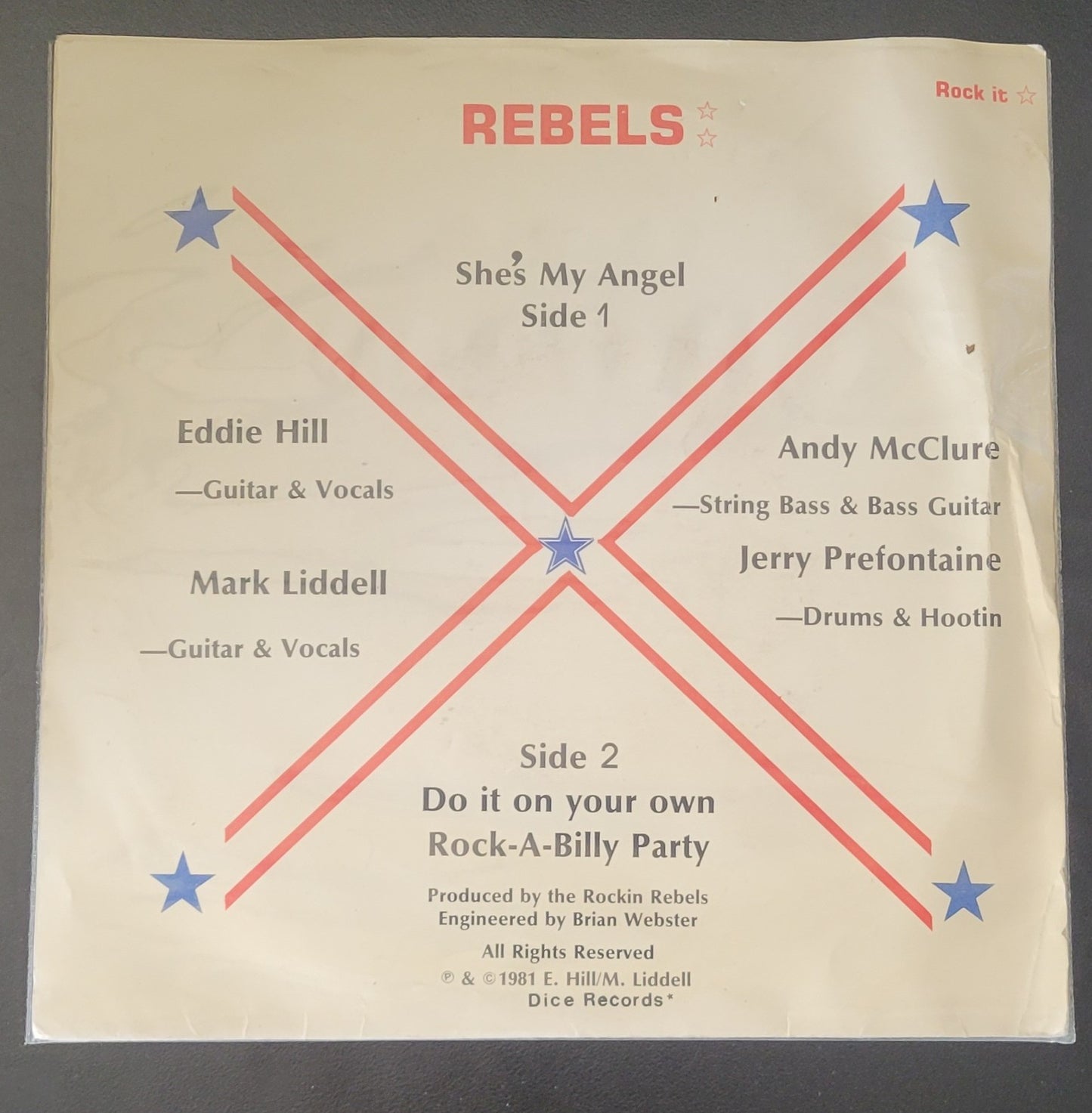 ROCKIN' REBELS "She's My Angel" EP Rockabilly Red Vinyl 7" (1981) VG/VG